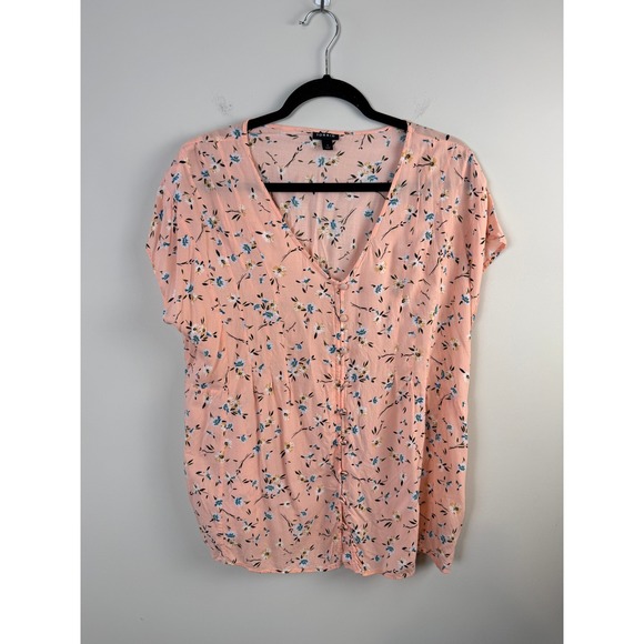 torrid Tops - Torrid Floral Button Front Blouse Womens 1X Peach Pink Short Sleeve V-Neck